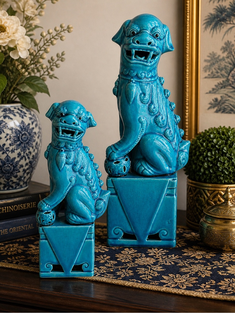 Vintage Turquoise Ceramic Foo Dog Statue Pair - Decorative Home Accent